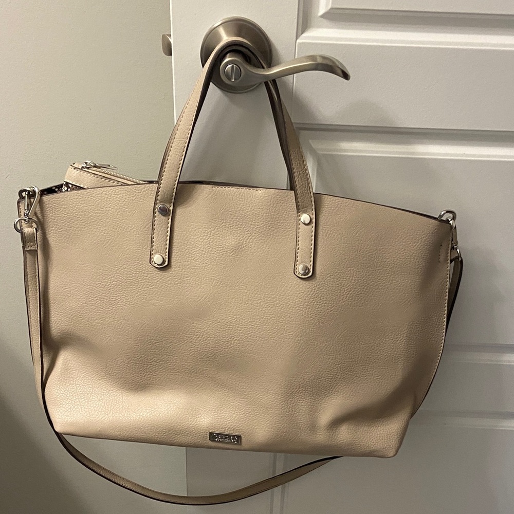 Carlos Santana Cream Leather Tote Bag with Snakeskin Print Interior